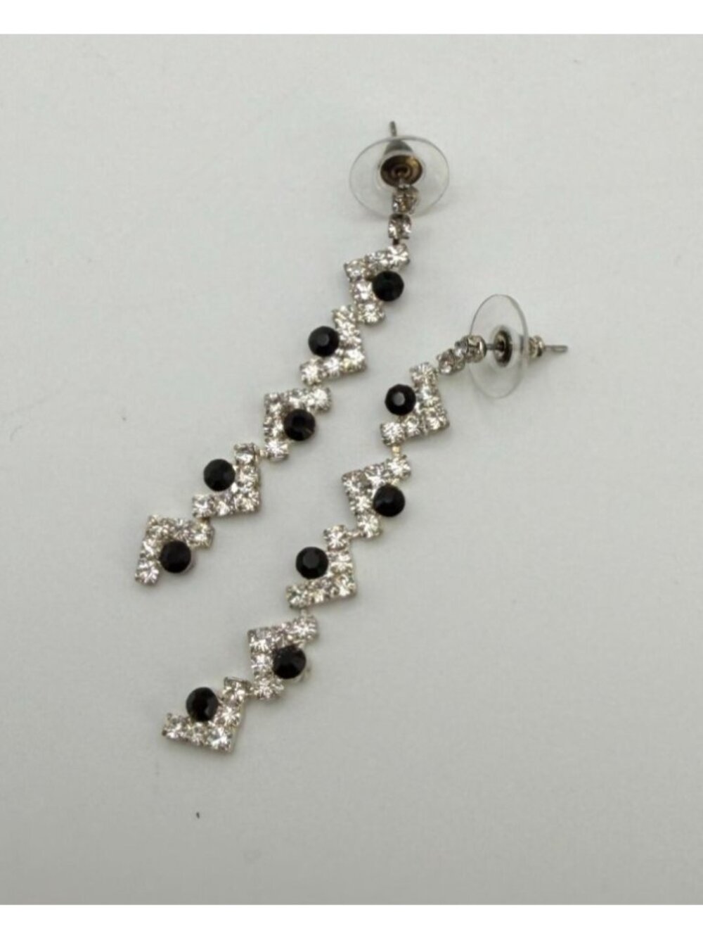 Silver Tone Black Rhinestone Chandelier Drop Dangle Earrings Bridal Prom Evening - Picture 4 of 6